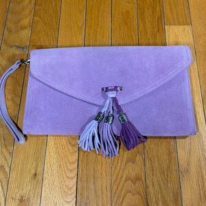 White House Black Market Purple Suede Leather Clutch Silver Hardware 3 Tassels